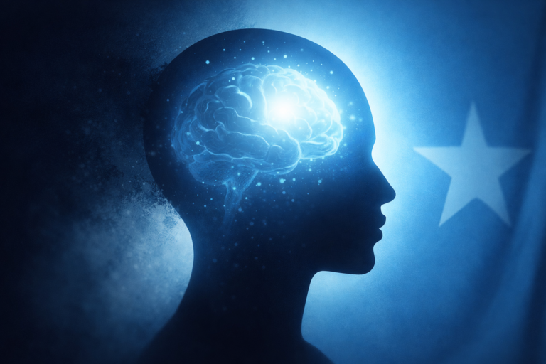 Sawir muujinaya maskax iftiimaysa oo astaan u ah wacyigelinta sii kordheysa ee ku saabsan dhimirka iyo caafimaadka maskaxda.