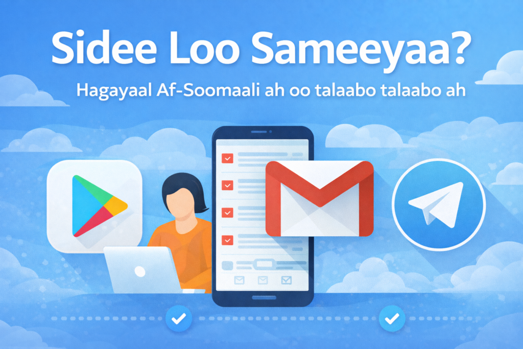 Sawir muujinaya hagaha guud ee sidee loo sameeyaa, oo sharxaya tallaabooyin fudud oo Af-Soomaali ah kuna saabsan apps, account-yo, iyo adeegyo casri ah.