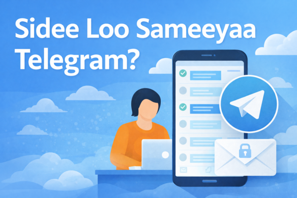 Sawir muujinaya hagaha sidee loo sameeyaa Telegram account, oo leh taleefan casri ah iyo astaanta Telegram, kuna hagaya tallaabooyin fudud.