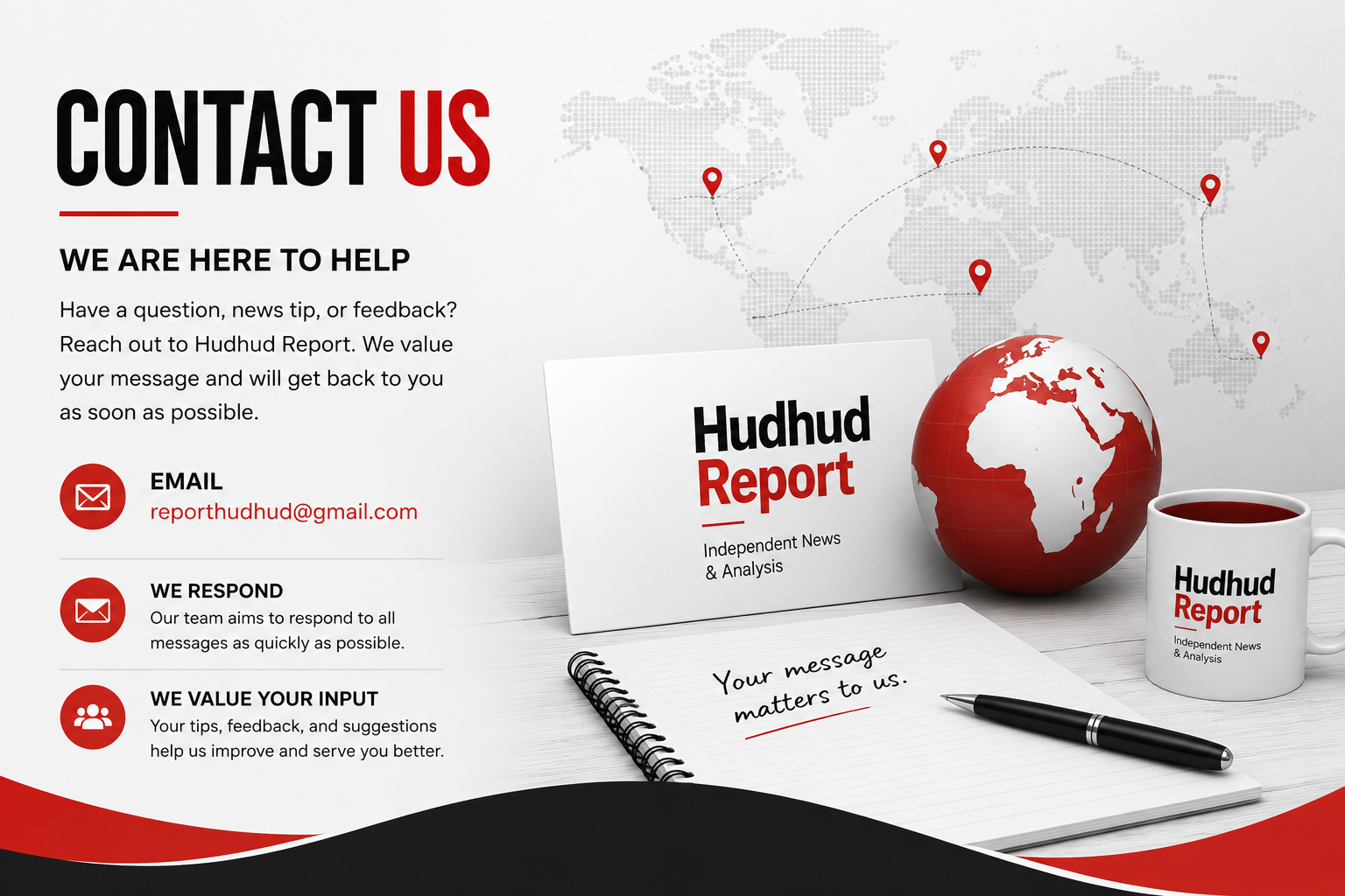 Hudhud Report contact us banner with email information and news branding design.